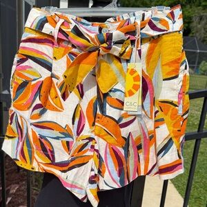 C&C California High-Waist Leaf Print Linen Shorts - Orange, Pink, Yellow, Blue